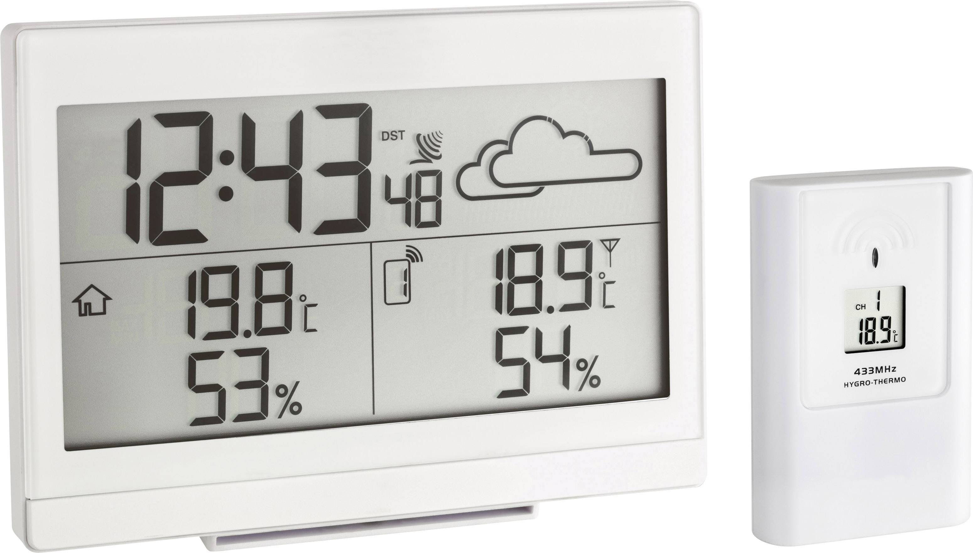 A digital thermometer displays the time as 12:43, with weather showing one cloud, an indoor temperature of 19.8°C, and humidity at 53%.
