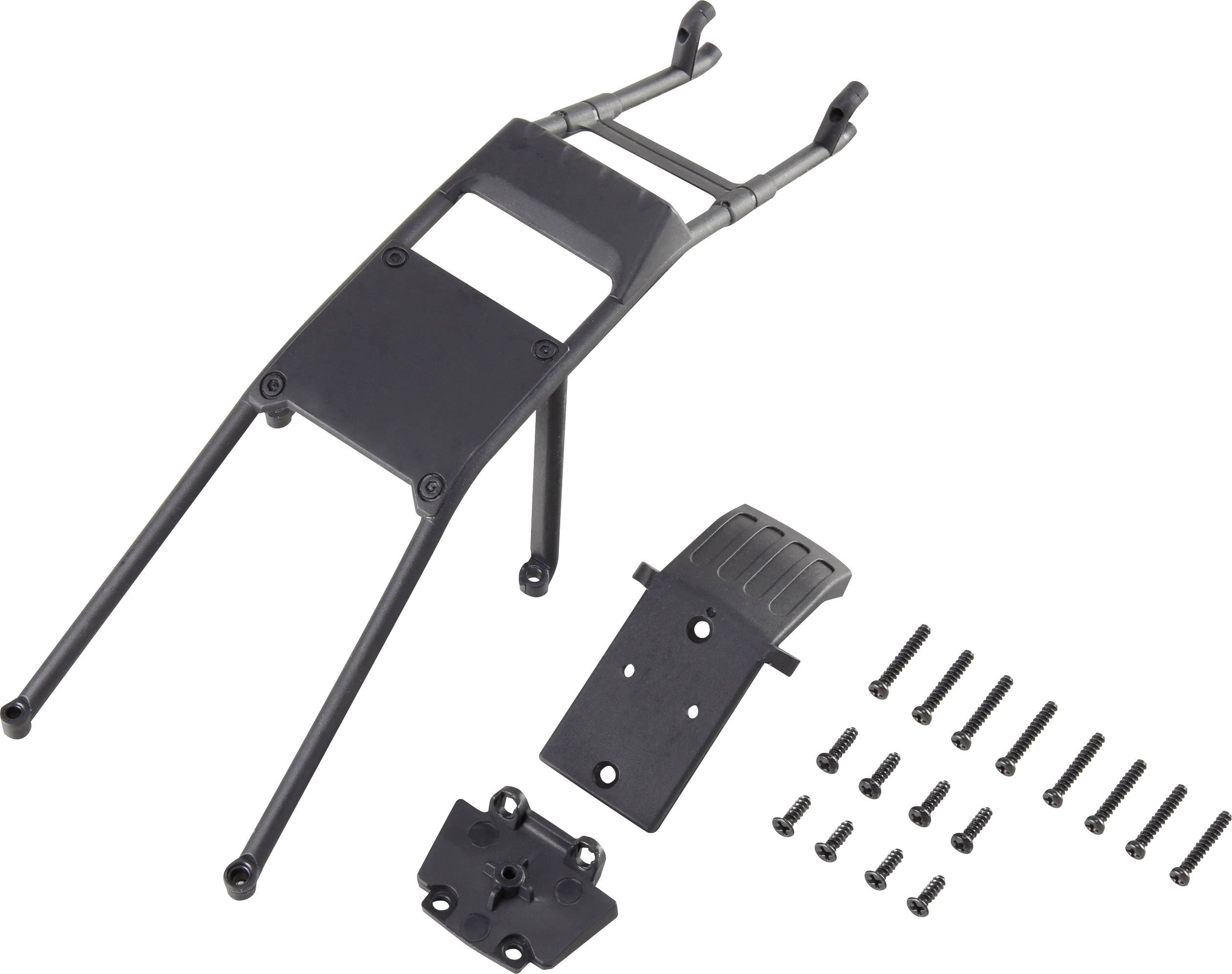 Black metal frame and screws: This is a set of mounting parts and fastening screws, most likely for a model car.