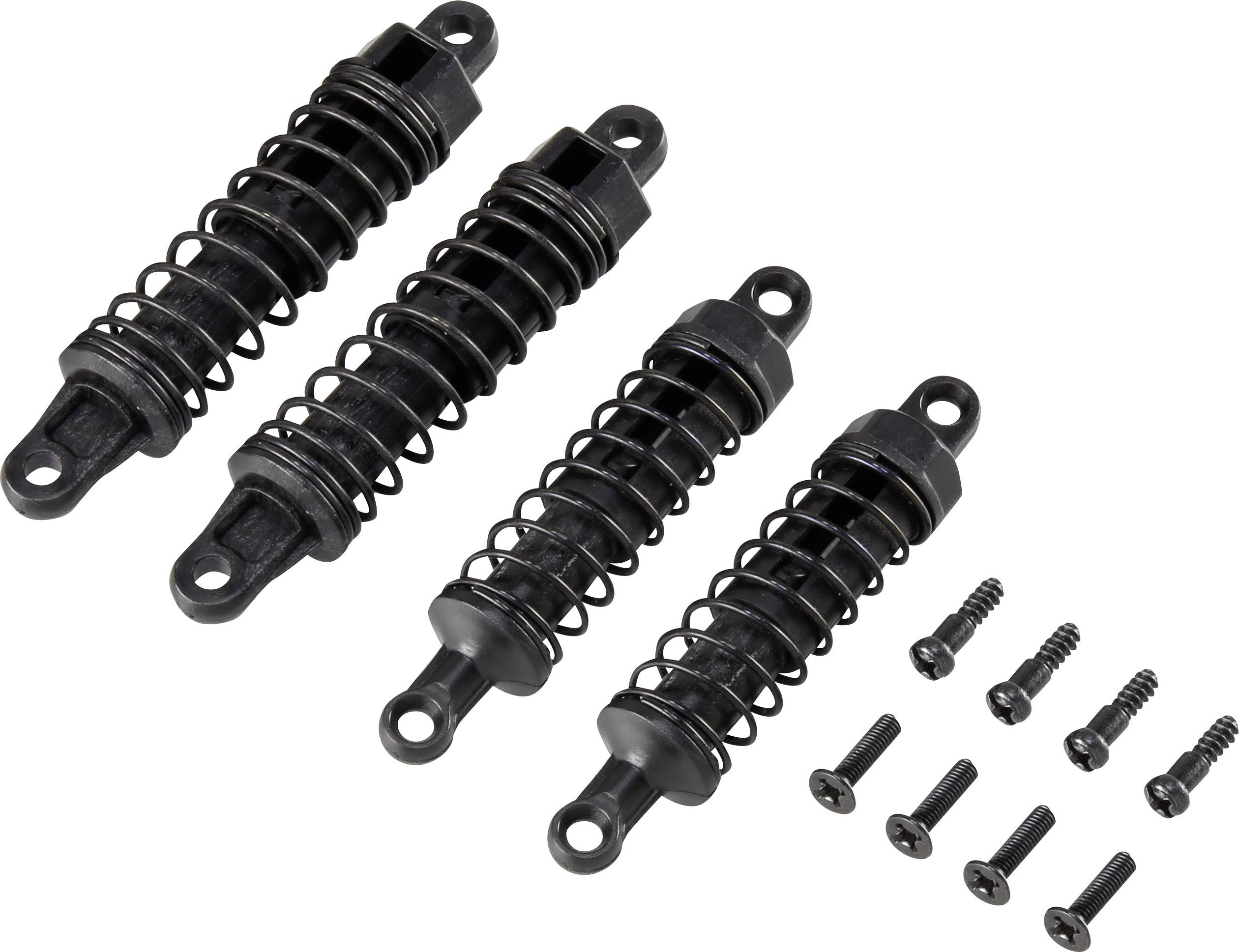 Four black metal shock absorbers with springs, underneath which are ten screws in various sizes.