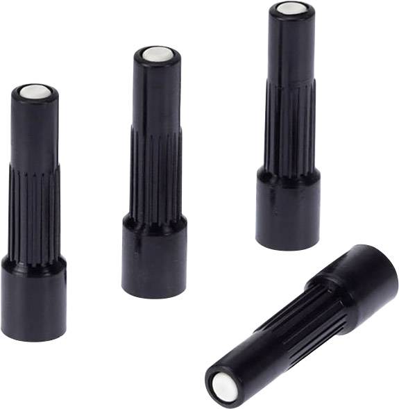 Four black, cylindrical adapters with grooves and metal tips. They are arranged evenly side by side.