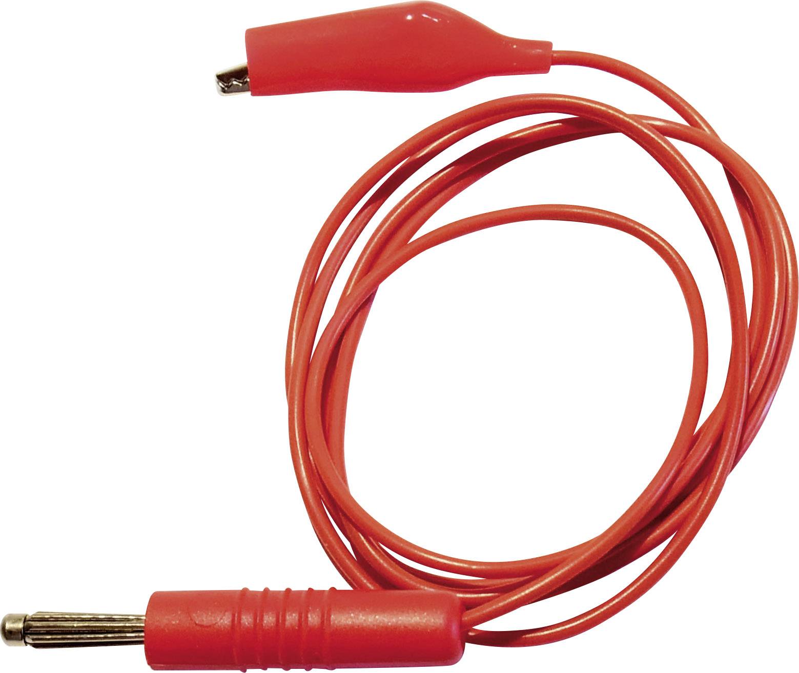 Red crocodile clip lead with plug, commonly used for electrical connections in electronic projects.