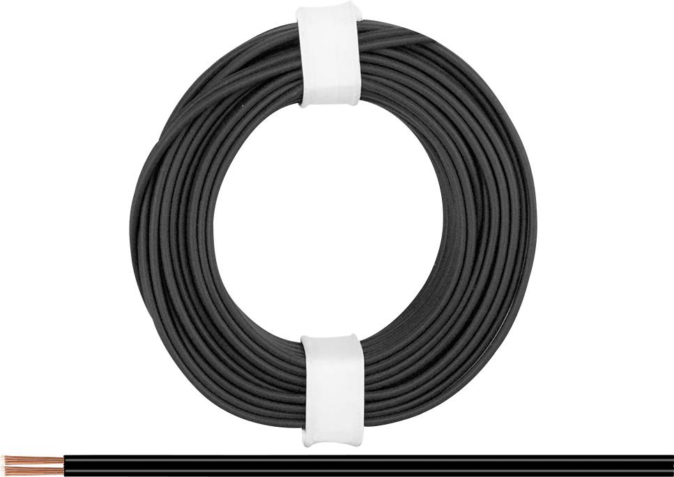 Black cable coiled, secured with white ties, copper wire visible at the lower end. Ideal for electrical installations.
