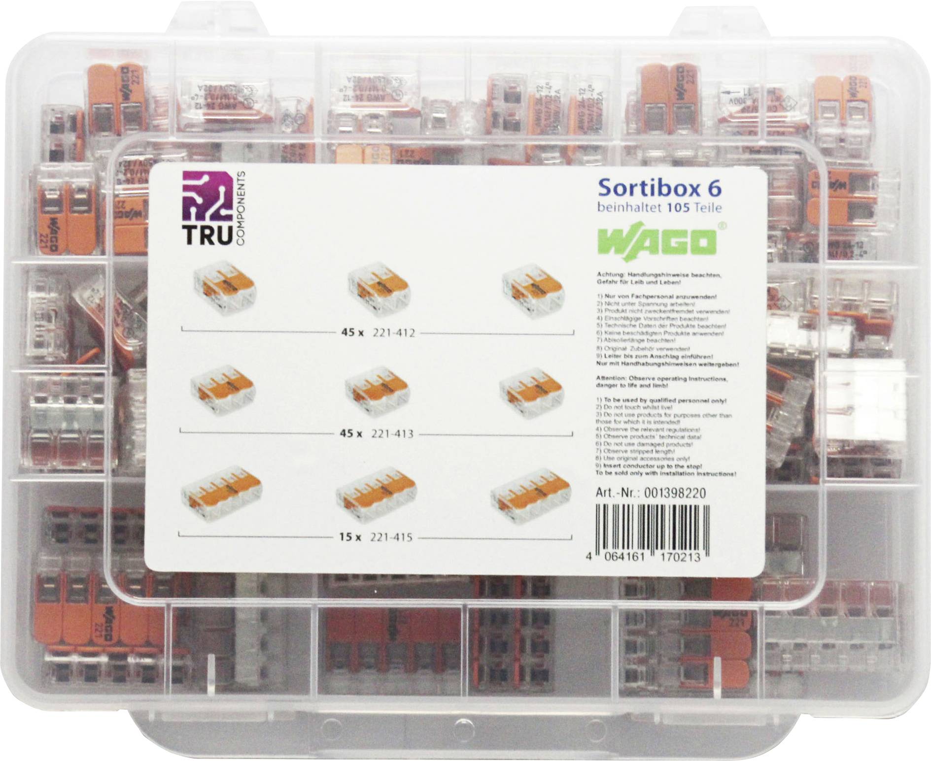 'Sortibox 6' with 105 WAGO terminals in various configurations, in a transparent plastic box.