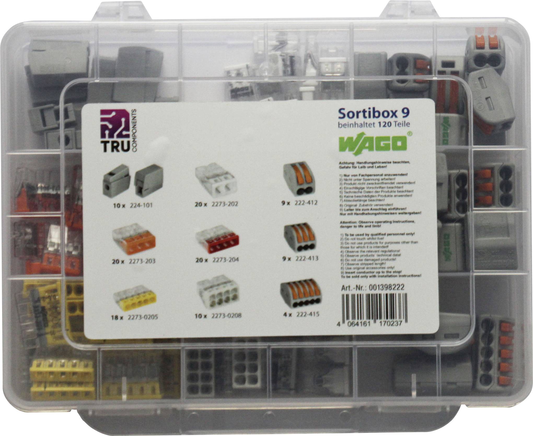 Plastic box with electrical connections, labelled 'Sortibox 9, contains 120 parts, WAGO', contains various coloured terminal blocks.