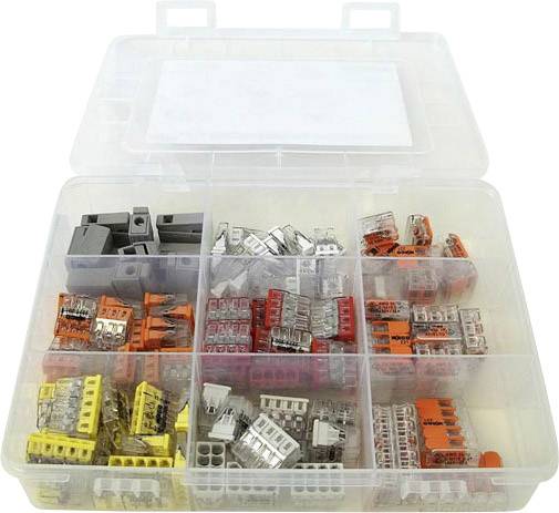 Transparent plastic storage box with various connectors in different colours and sizes, neatly sorted into compartments.