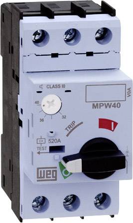 A blue MPW40 motor protection switch with rotary knob and current rating indicator for 520A. Three connection terminals at the top.