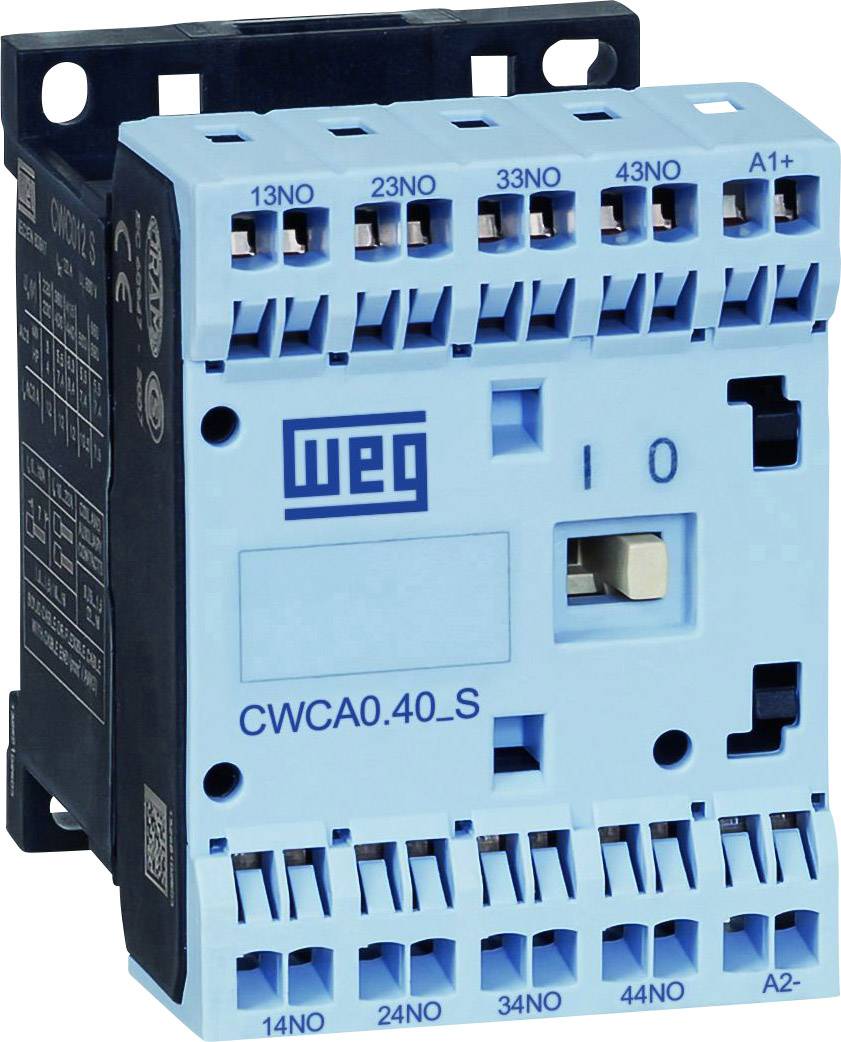 A blue WEG electrical contactor, Model CWCA0.40_S, with multiple connection terminals and a switch in the centre.