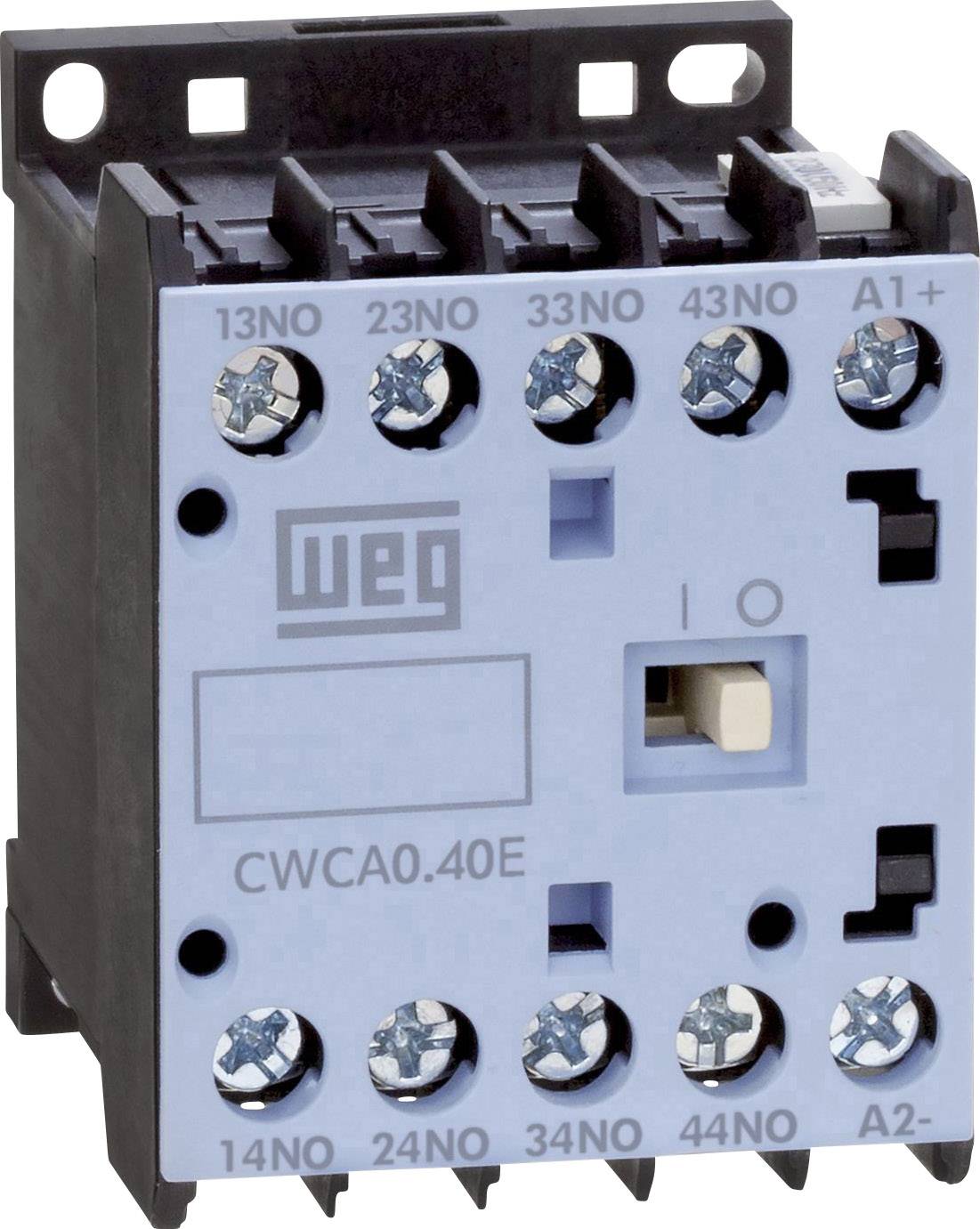 An electrical contactor designated 'CWCA0.40E', displays multiple terminals (13NO to 44NO) and a lever for control.