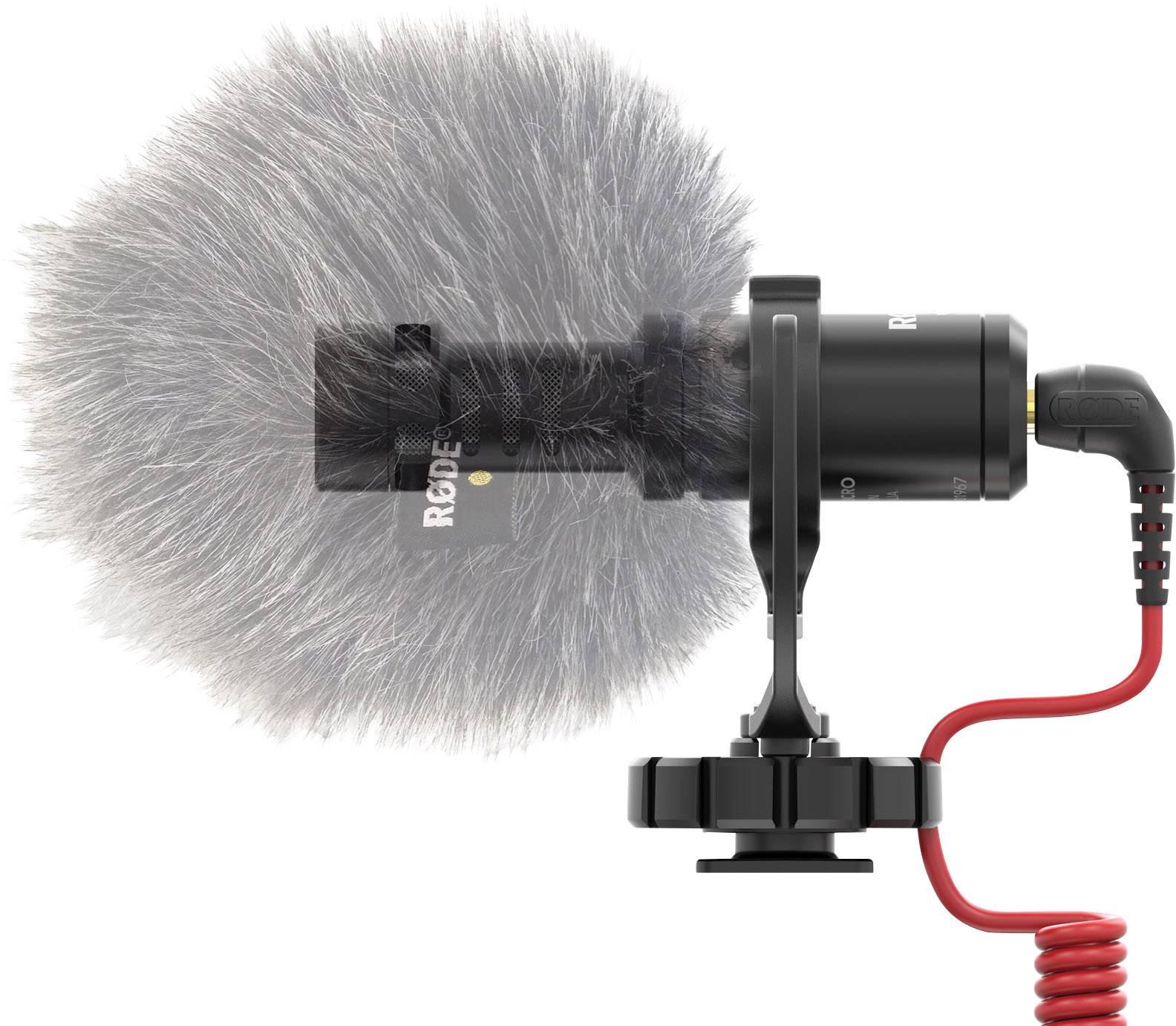 A shotgun microphone with a grey fur windscreen is attached to a red cable. It is suitable for clear audio recordings.