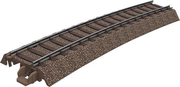 A winding railway track on a ballast bed, richly detailed, shows the curvature of the rails on the supported substructure.