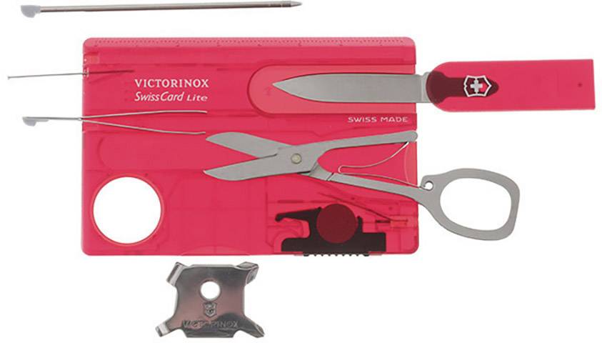 Red SwissCard Lite by Victorinox with tools: knife, scissors, tweezers, ballpoint pen, magnifying glass and screwdriver.