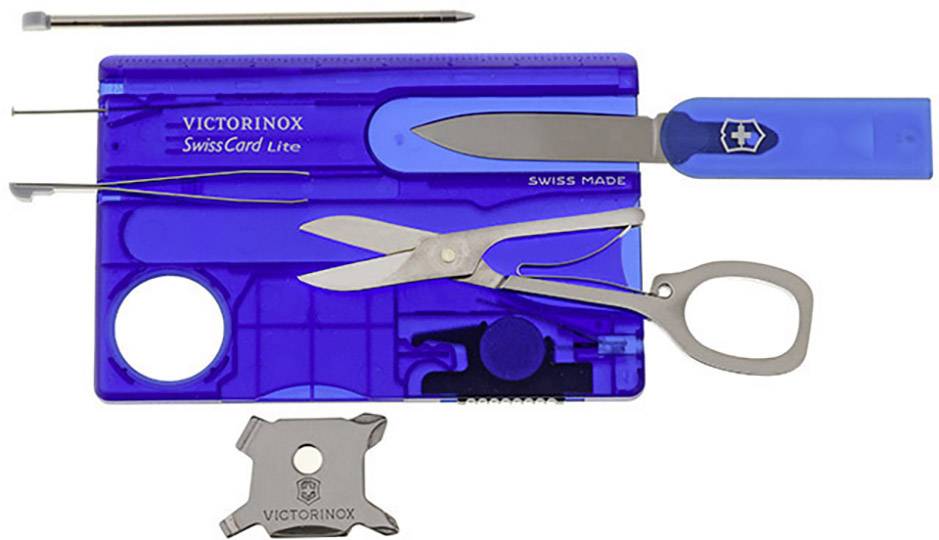 Blue multi-functional tool set with knife, scissors and additional tools. 'Victorinox SwissCard Lite' inscription visible.