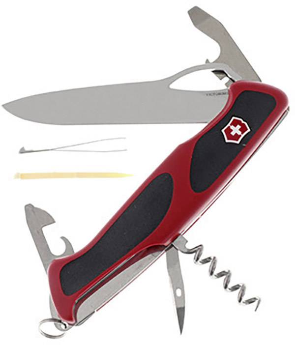 Penknife with a red handle, showing various unfolded tools: blade, corkscrew, can opener and others.
