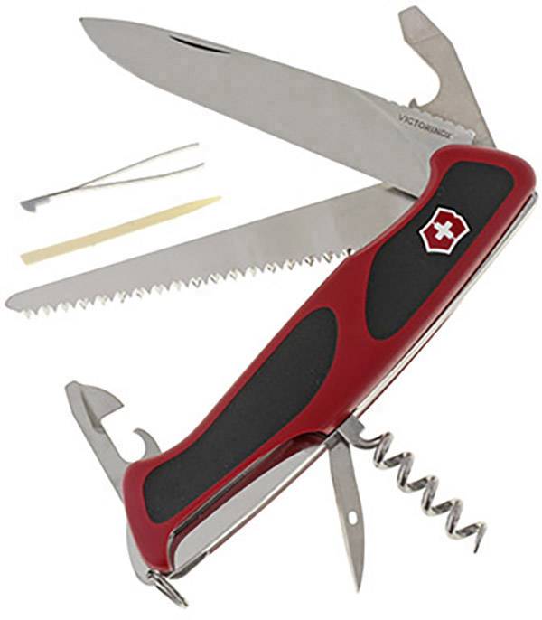Red pocket knife with multiple tools: large and small blade, corkscrew, saw, bottle opener, screwdriver.