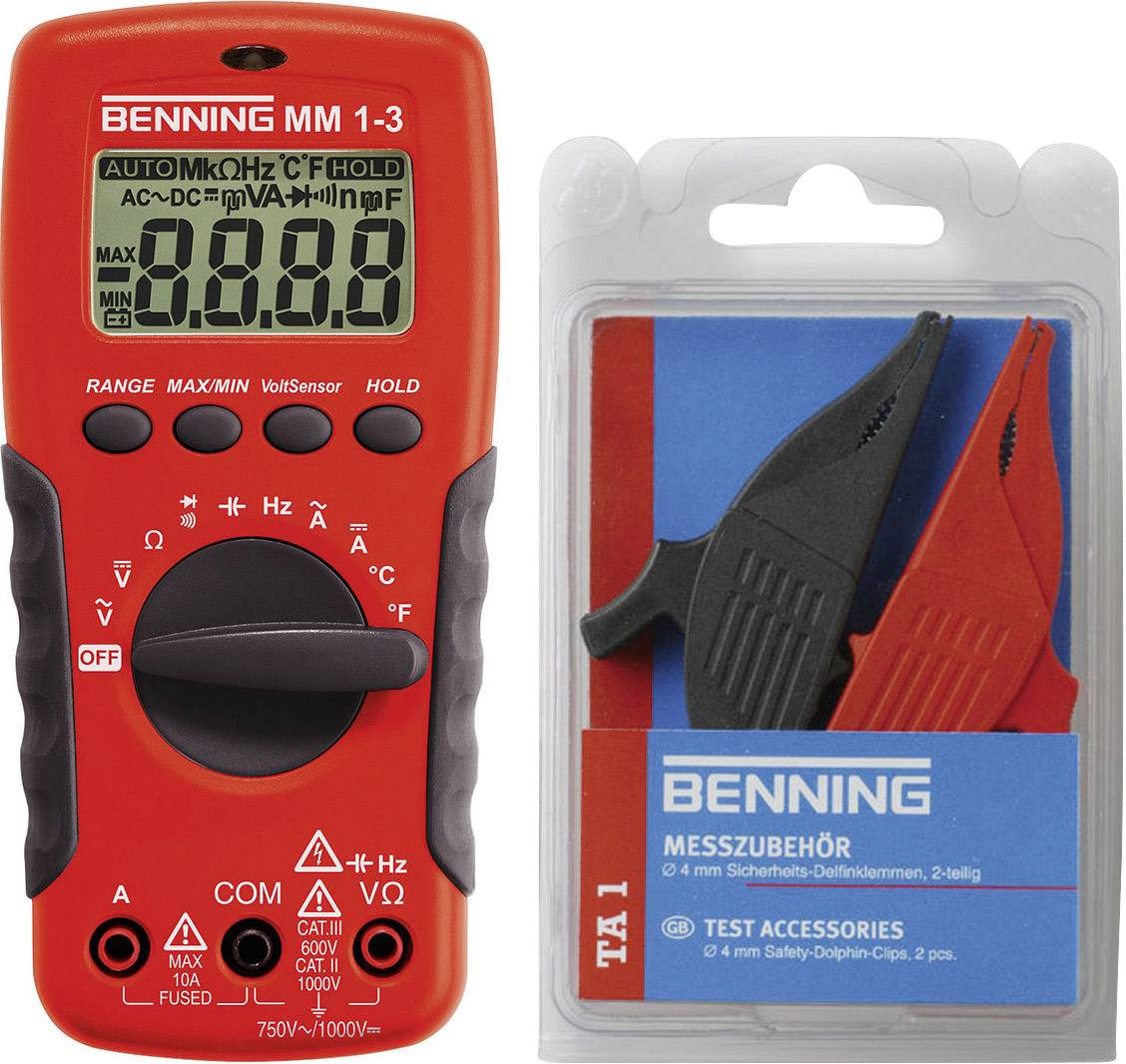 Benning MM 1-3 + Set TA 1 Handheld multimeter Digital CAT II 1000 V, CAT III 600 V Display (counts): 2000