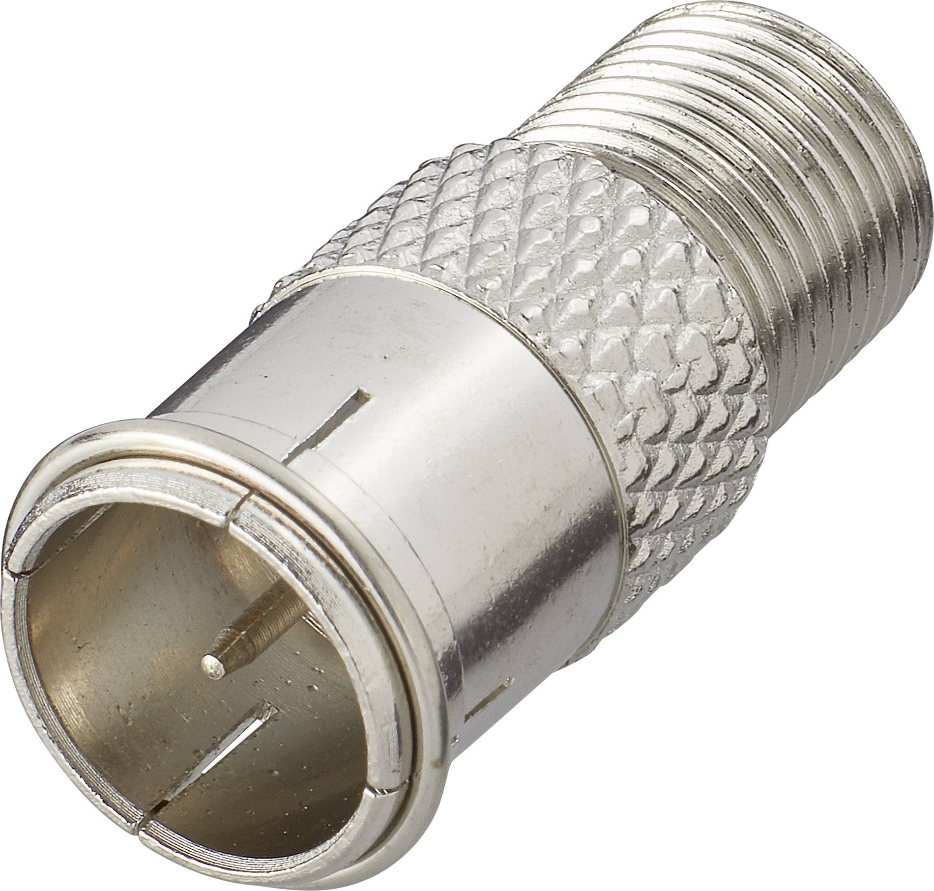 A silver coaxial connector adapter with a knurled grip, used for connecting coaxial cables.