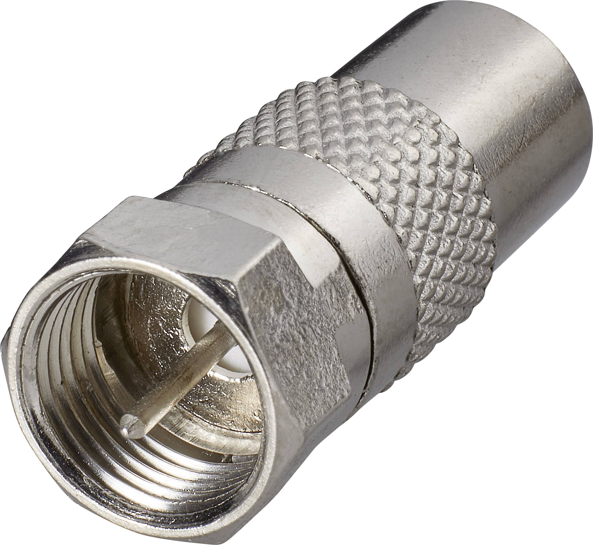 An F-type connector with a metal housing, a typical coaxial cable accessory used for TV and satellite connections.