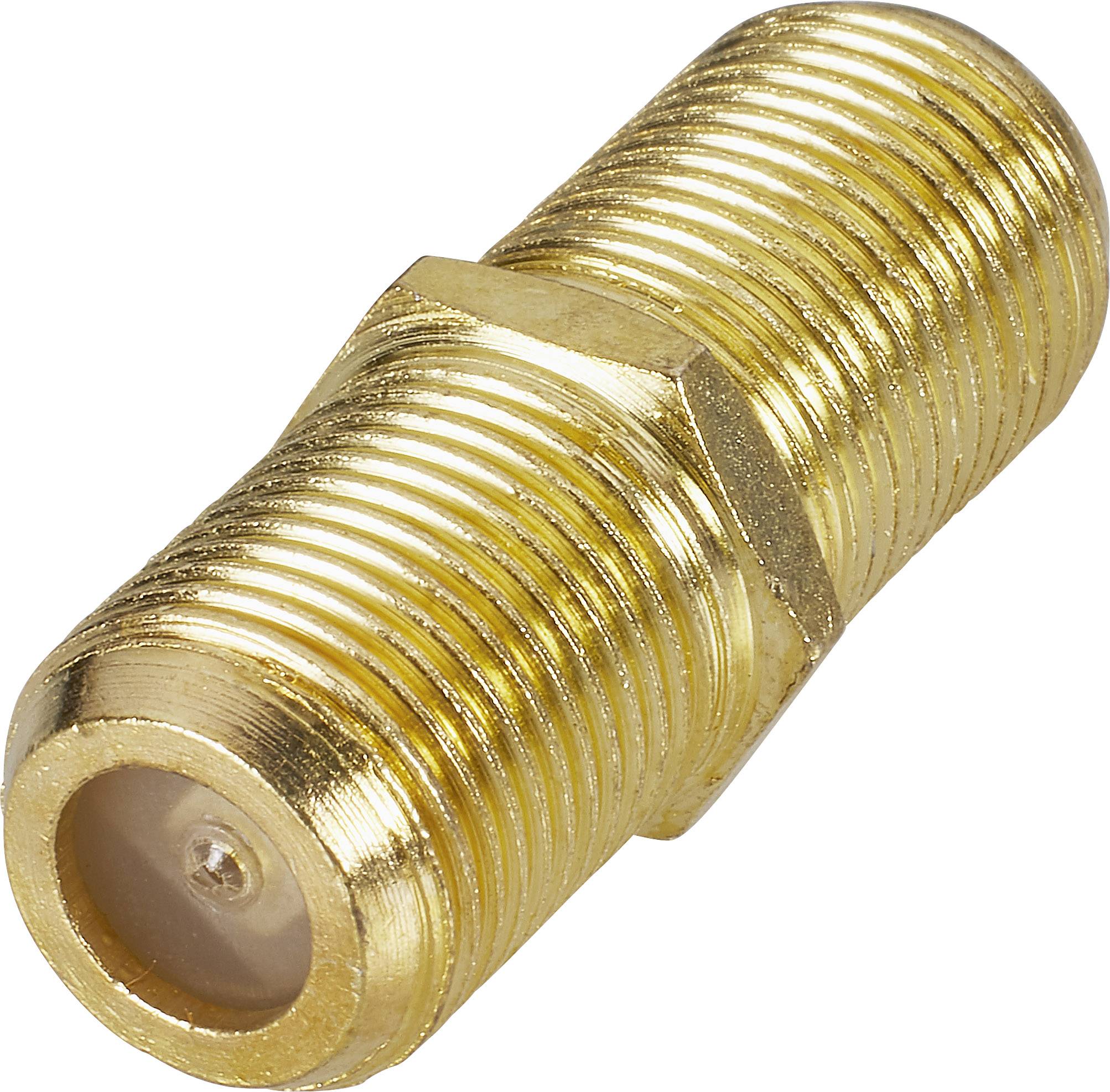 Gold-coloured coaxial adapter with threaded connections on both sides. Suitable for connecting coaxial cables in audio and video systems.