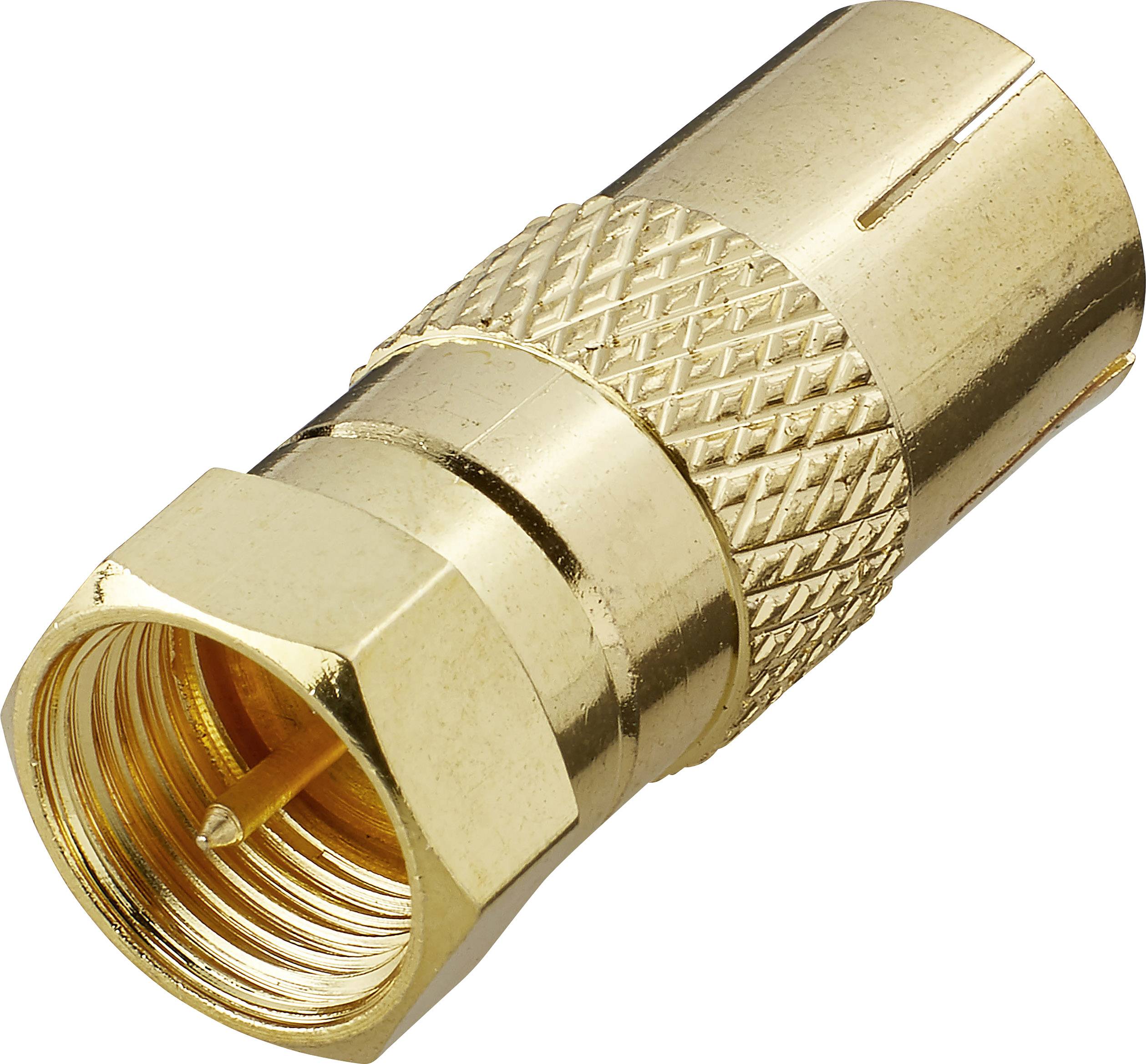 A golden coaxial socket adapter used for connecting antenna cables.