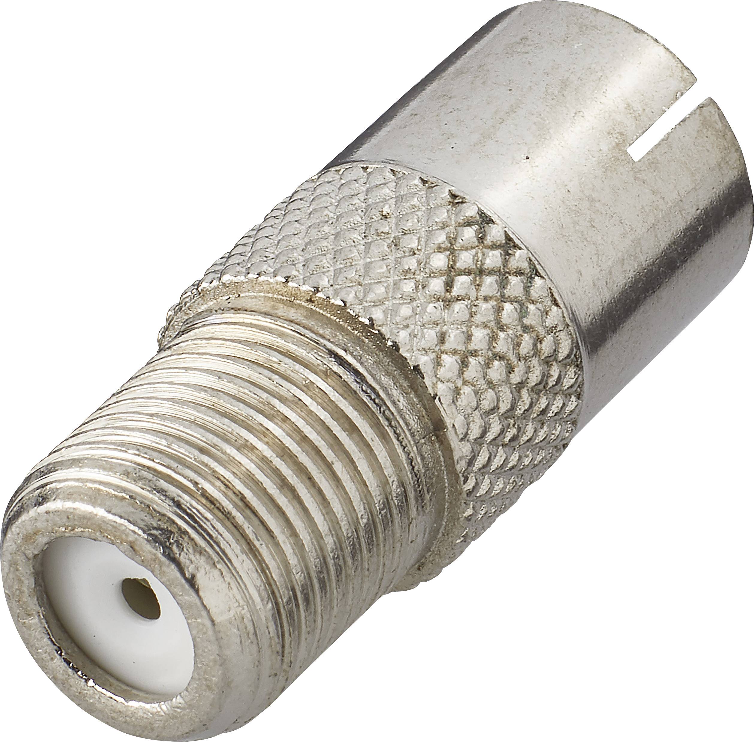 A silver coaxial plug adapter with a knurled surface and a threaded end. Suitable for antenna connections.