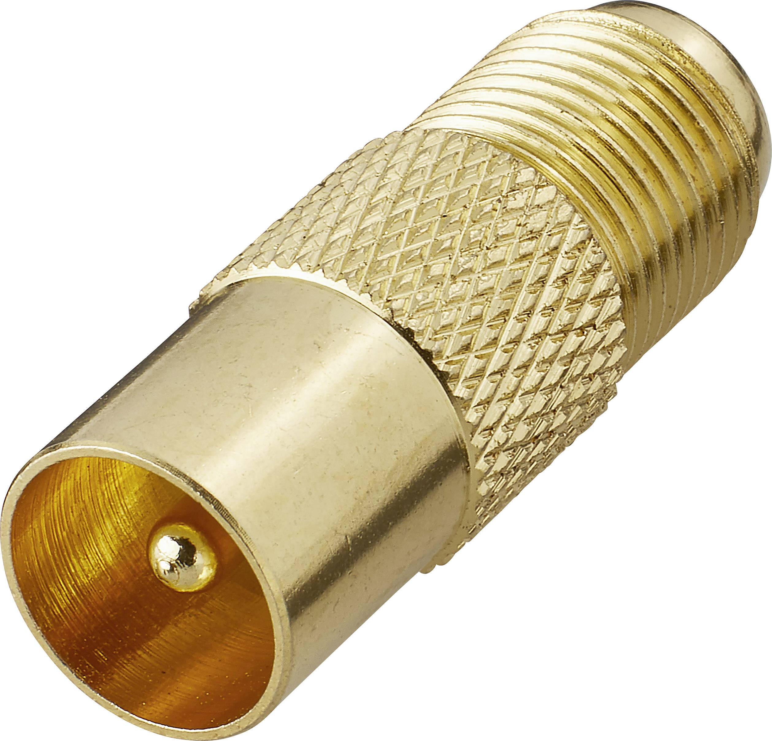 Metal coaxial connector, cylindrical in shape with a knurled grip area, used for audio and video signal connections.