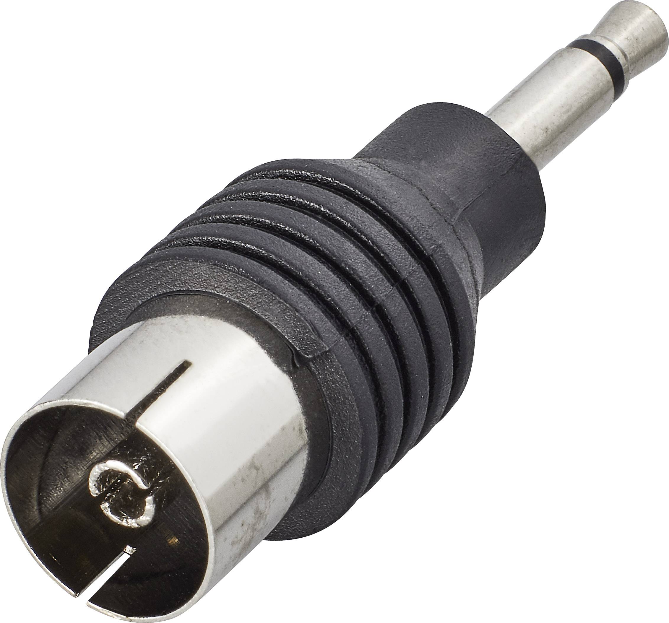 A black adapter plug with a coaxial connection on one side and a 3.5 mm jack plug on the other side.