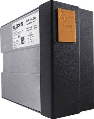 Black block power supply unit with an orange switch on the front. Text label on the side shows technical specifications.