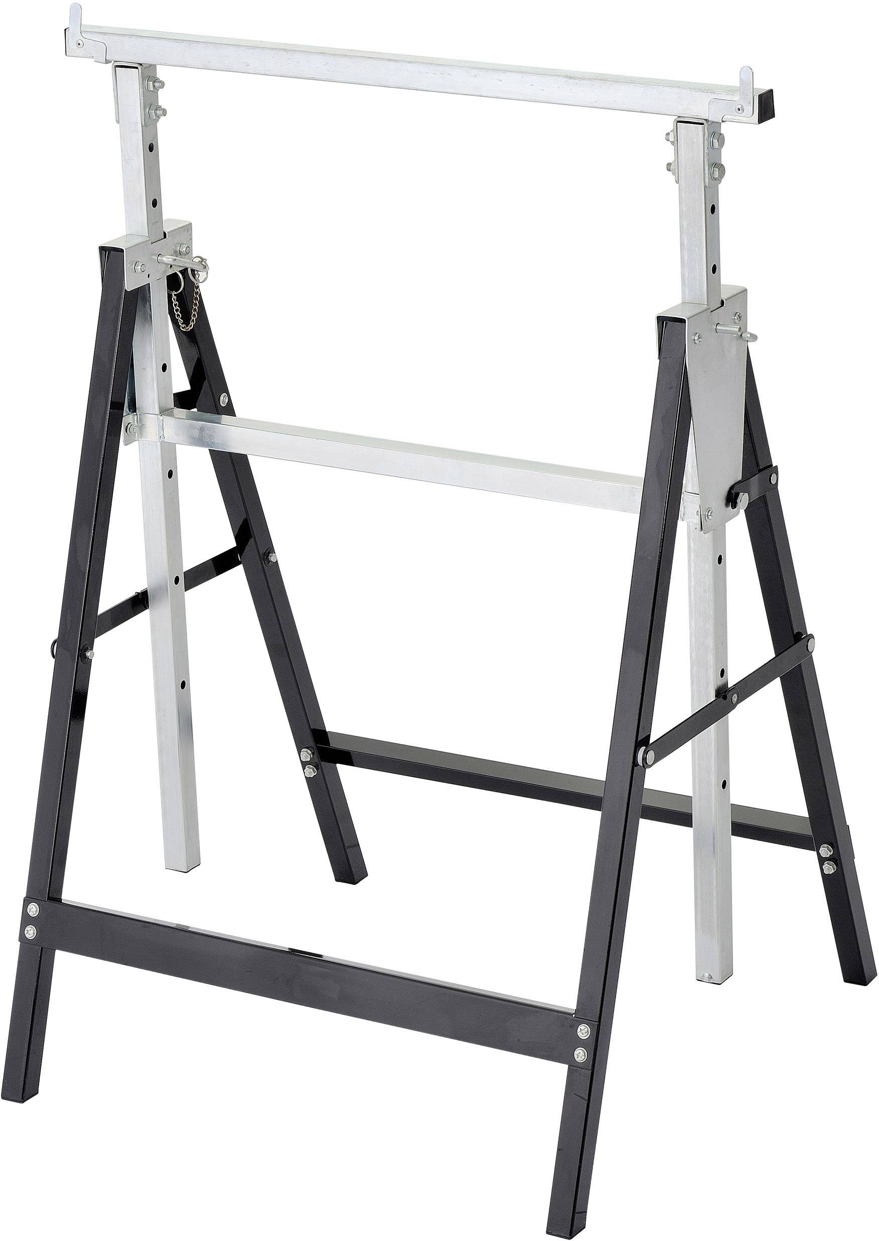 Height-adjustable metal trestle in black and silver, ideal for construction sites or workshops, provides stable support for materials.