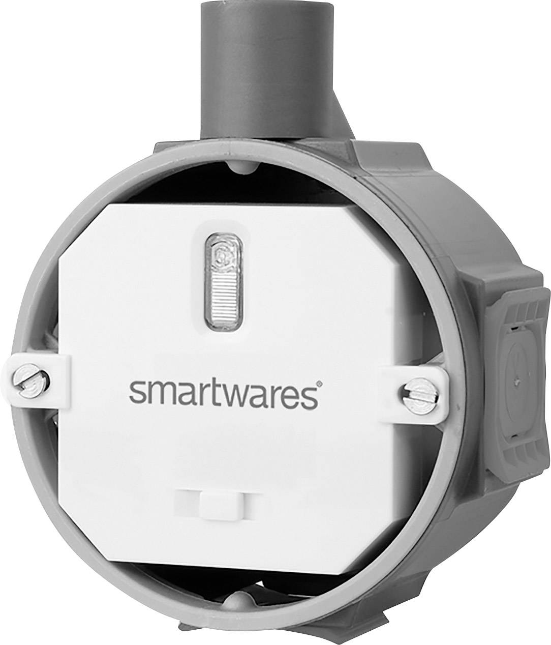 Electrical engineering component; round, grey mounting bracket with a white inner housing, brand name 'smartwares' visible.