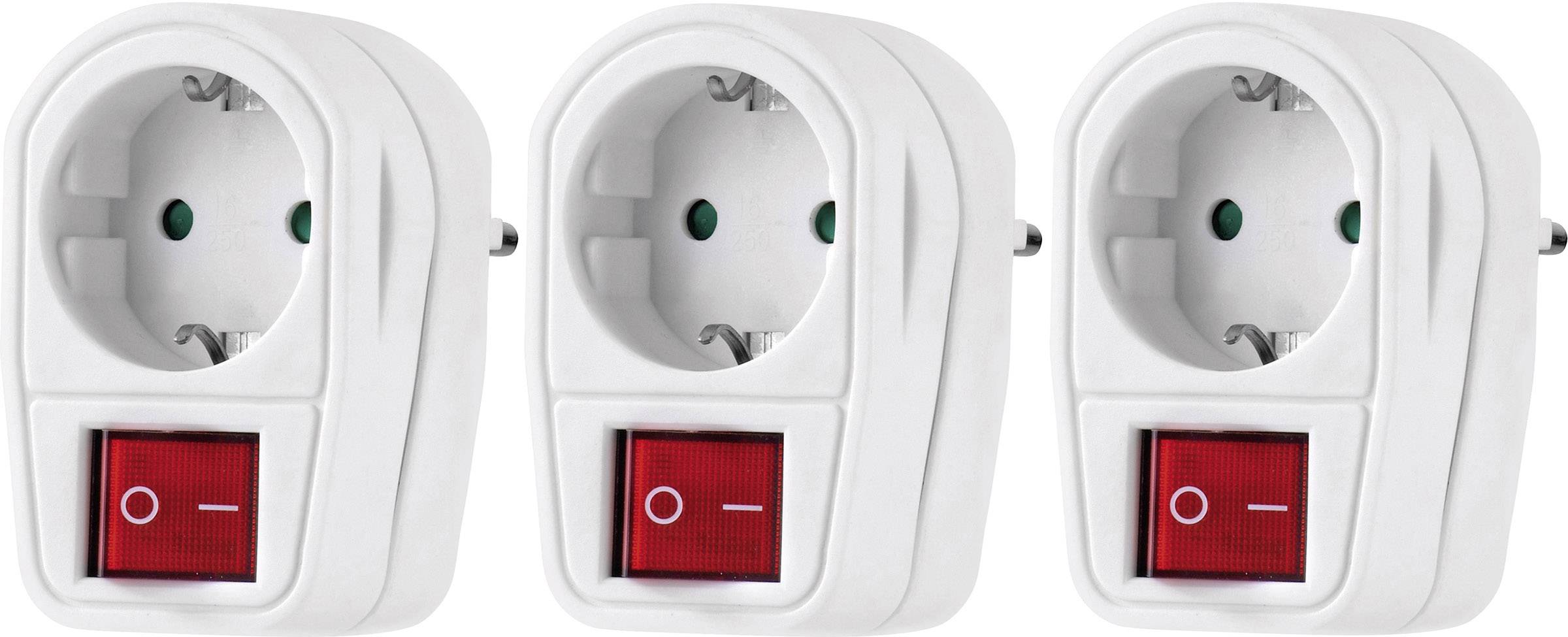 Three white plug adapters with red on/off switches, arranged side by side, against a neutral background.