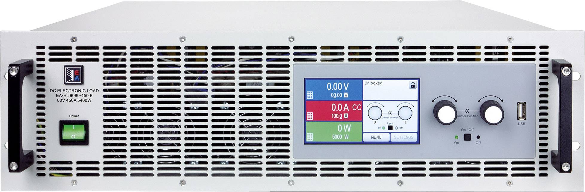 An electronic measuring device with a digital display shows readings for voltage and current. It has multiple switch buttons and ventilation slots on the front panel.