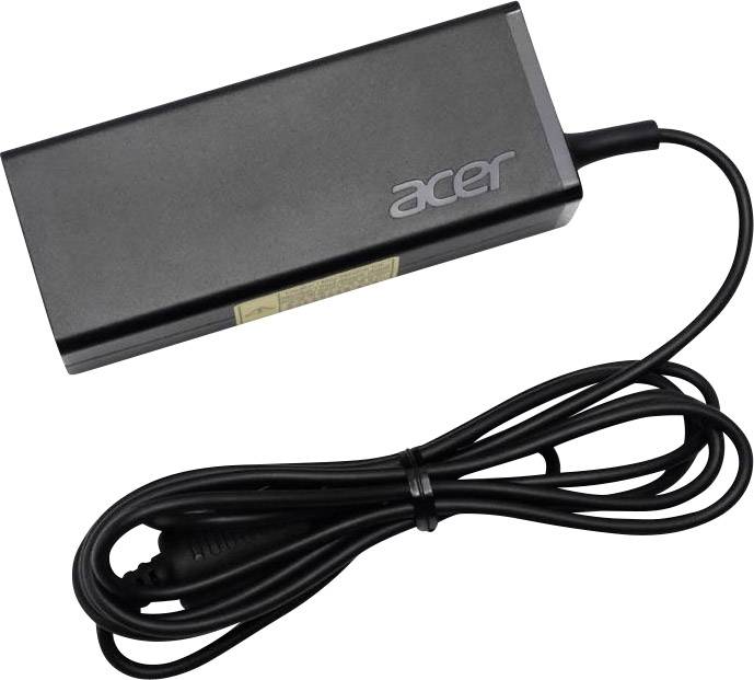 Black charger with 'acer' printed on it, connected to a long cable.