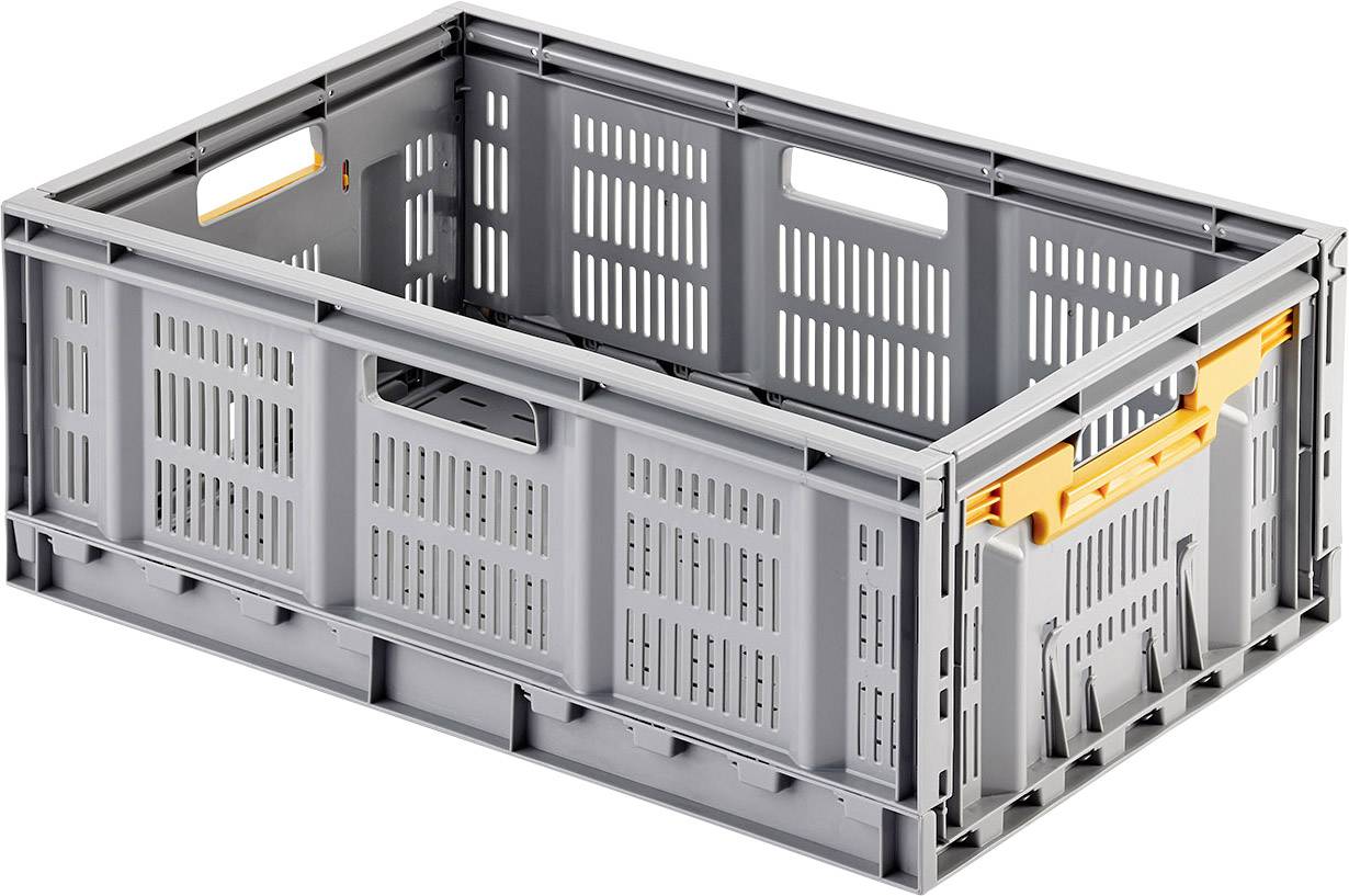 Grey plastic storage box with orange handle, rectangular, foldable, stackable, with ventilation slots and side carrying handles.