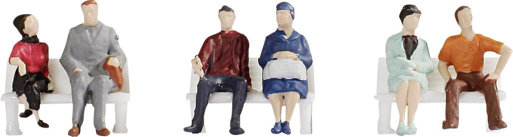 Three miniature couples, each seated on benches, wearing colourful casual clothing, symbolise social interaction in relaxed settings.