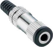 A metal plug with a ridged grip and a black plastic tip, commonly used in audio cables for connections.