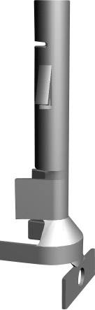 Metal connecting component in cylindrical form with rectangular and bevelled elements. Part of a larger industrial system.