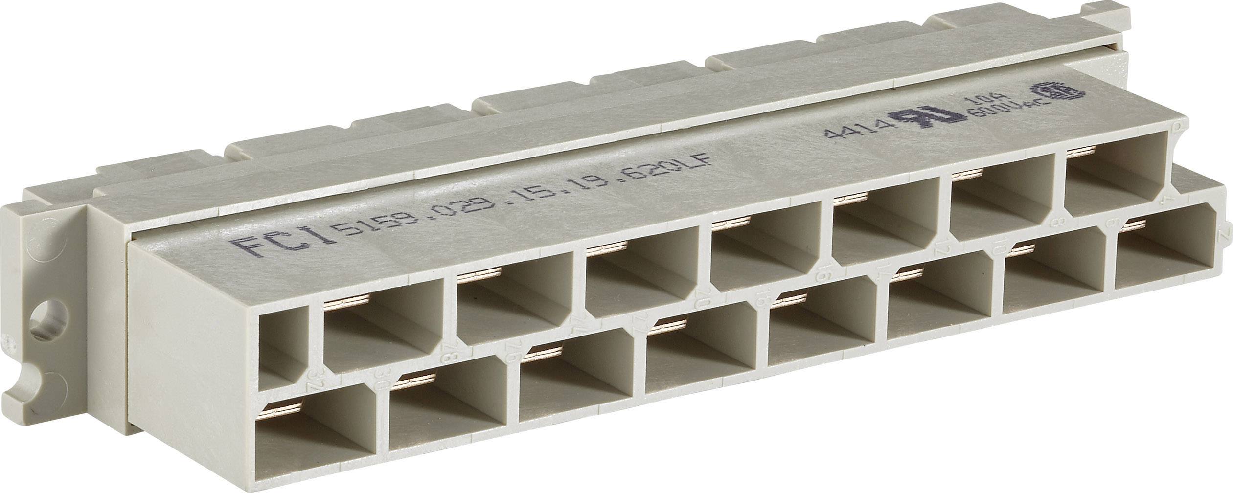 A multi-pole, rectangular plug for electronic applications. Light grey, with multiple socket positions and technical labelling.