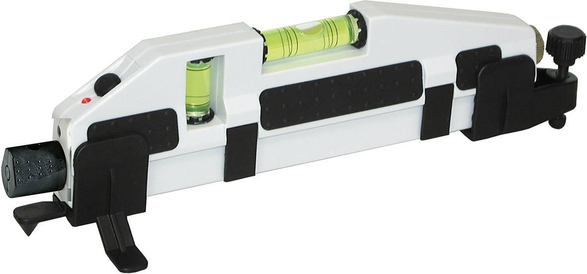 Portable laser spirit level tool with built-in bubble level for precise alignment and levelling.
