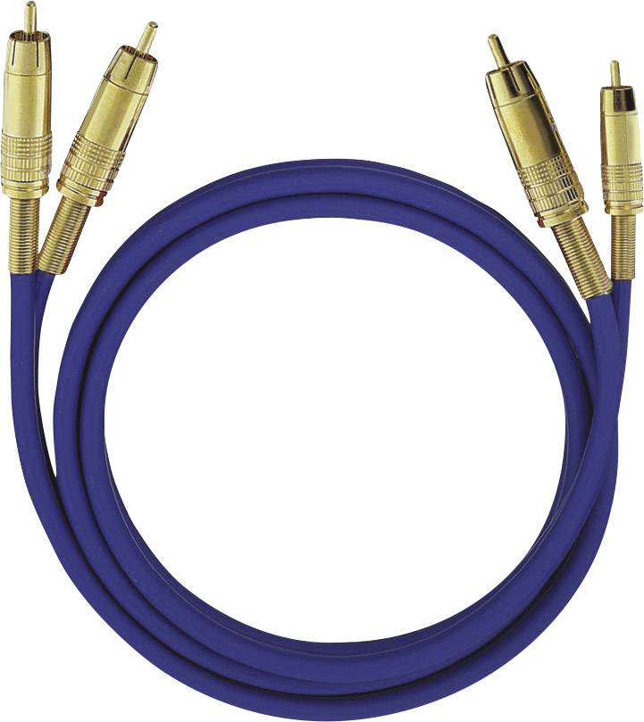 A blue audio cable with gold-plated RCA connectors at both ends, suitable for connecting audio or video equipment.