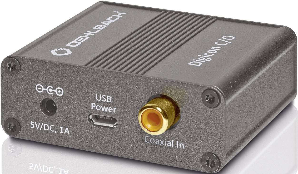 Compact digital audio converter by Oehlbach with USB power supply and coaxial input. Ideal for optical signal conversion.