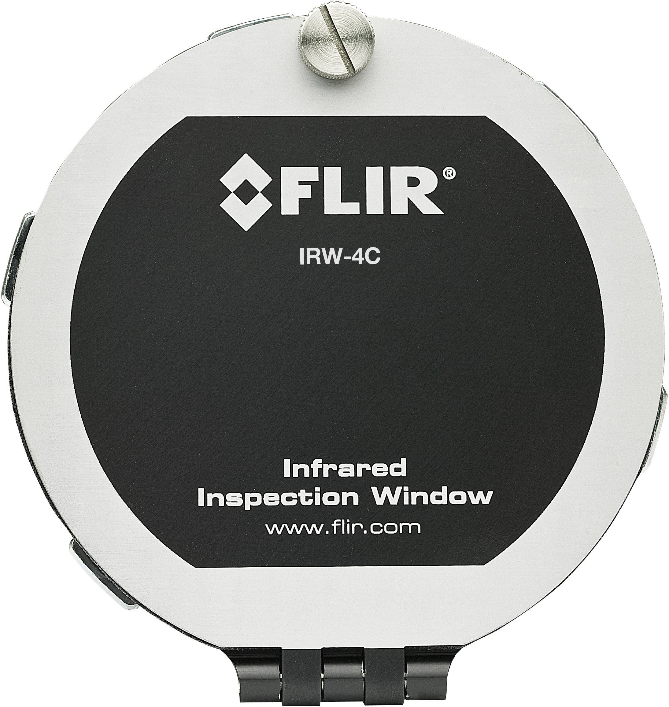 Circular infrared inspection window with a black centre, 'FLIR', 'IRW-4C' printed on it. A silver screw at the top, a hinge at the bottom.