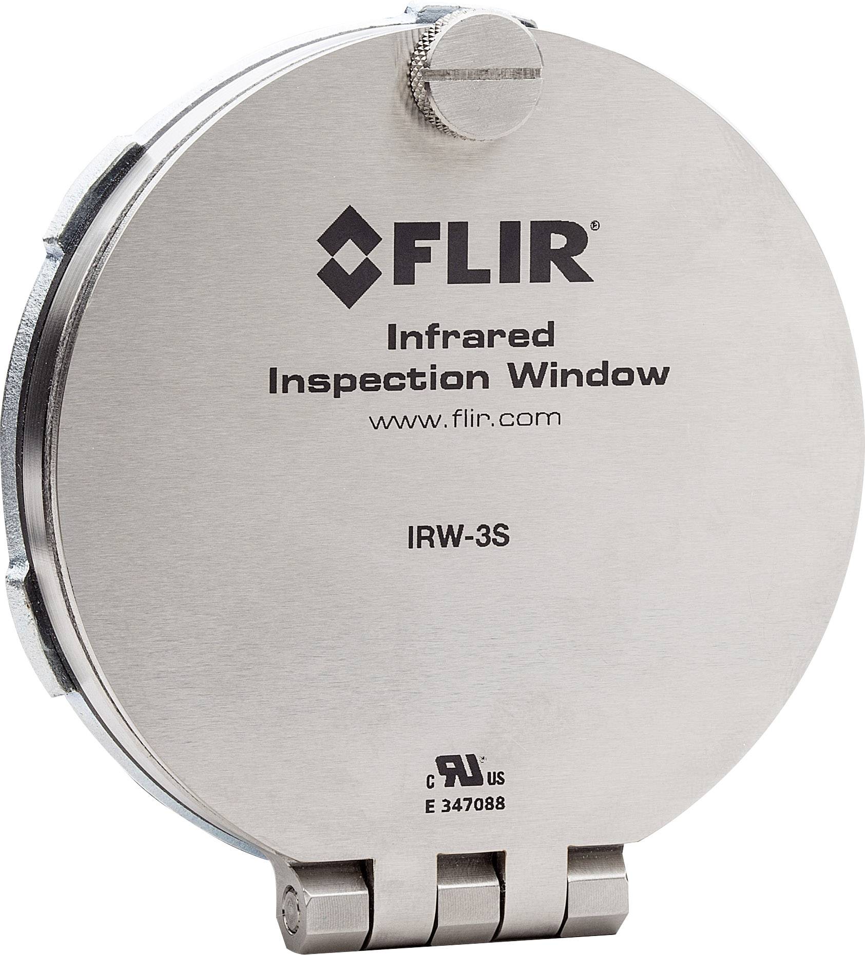 Round, silver inspection window with engraving 'FLIR Infrared Inspection Window IRW-3S'. Suitable for infrared surveillance.