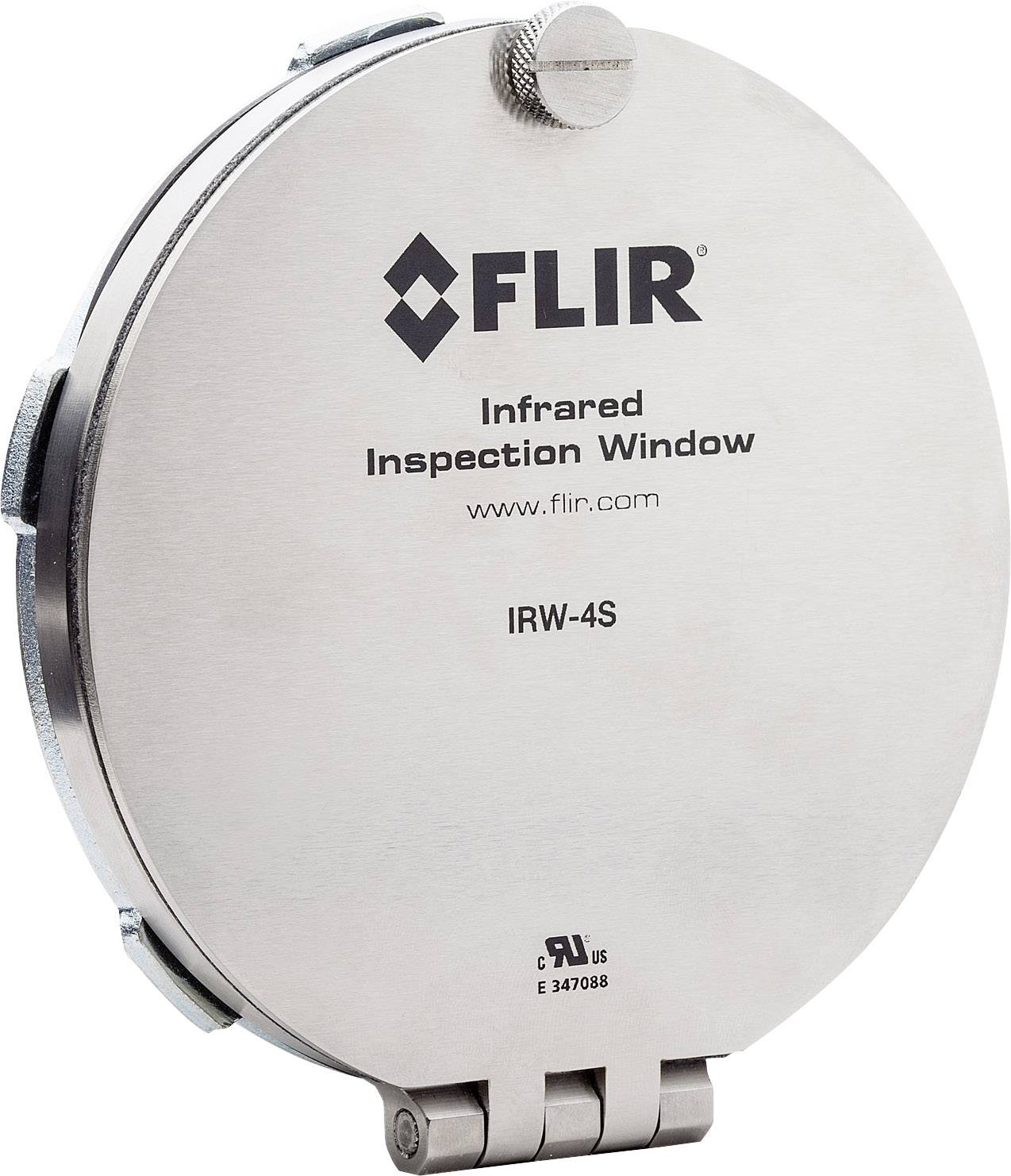 Round metal casing with the inscription 'FLIR Infrared Inspection Window IRW-4S'. Used for infrared inspection.