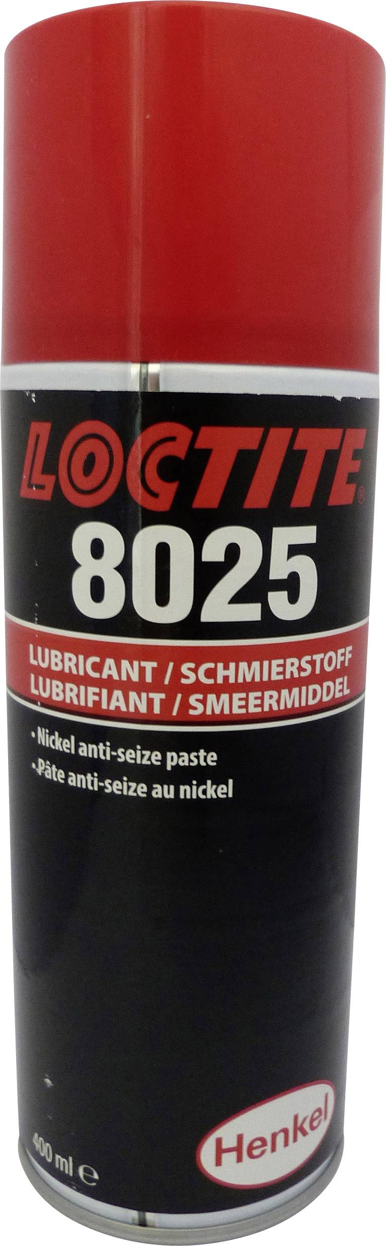 Red spray can with the inscription 'Loctite 8025', a lubricant. Contains 400 ml. Brand name 'Henkel' shown below.