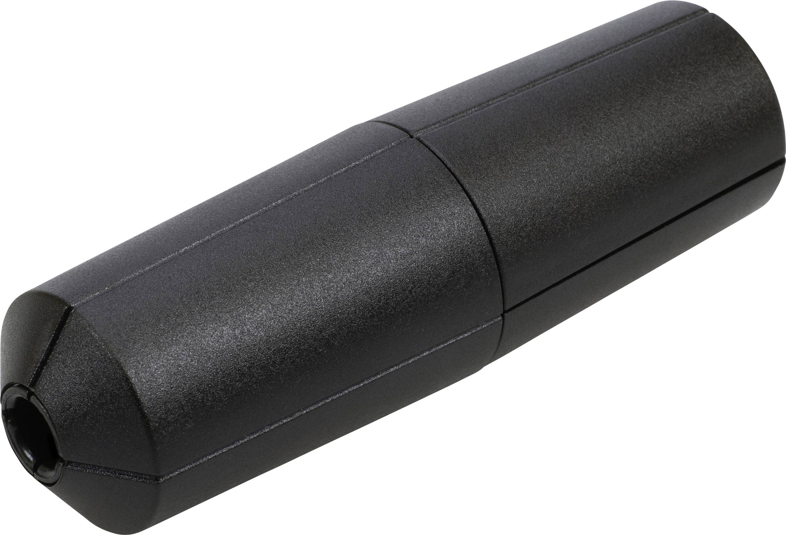 Audio adapter with a cylindrical black casing. Connects two audio cables using 6.3 mm jack plugs.