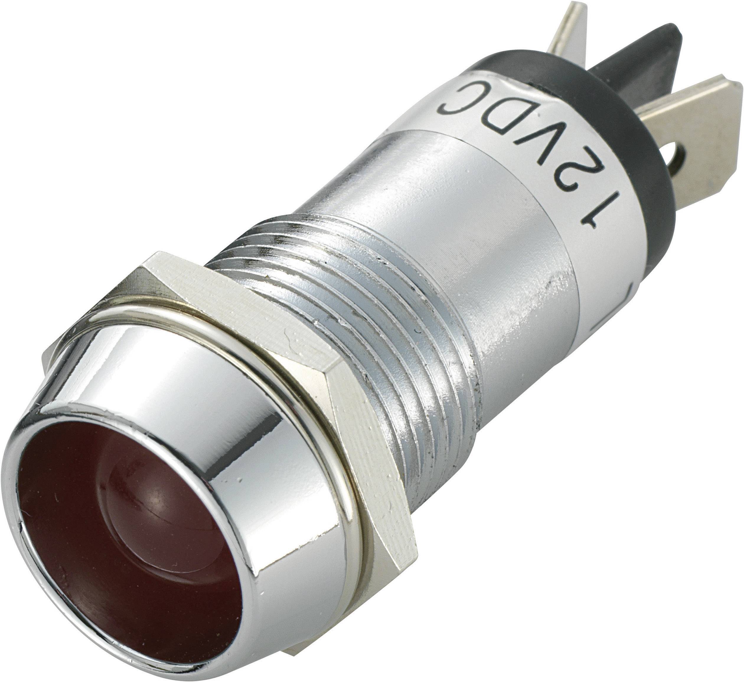 Silver, cylindrical push button with '12V DC' inscription, with red button and metal housing.