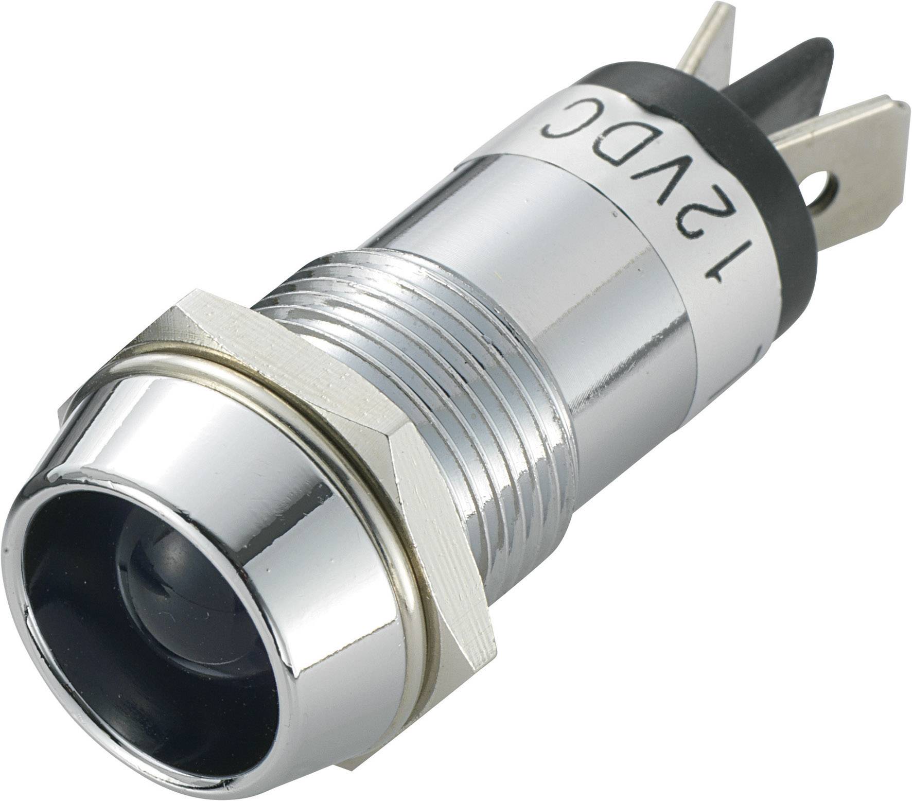 Silver round connector with 12V DC marking, suitable for electronic devices and switching systems.