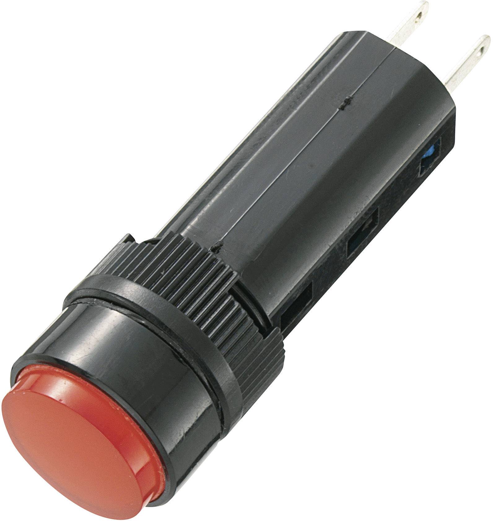 A red push button with a black casing and two metal pins.