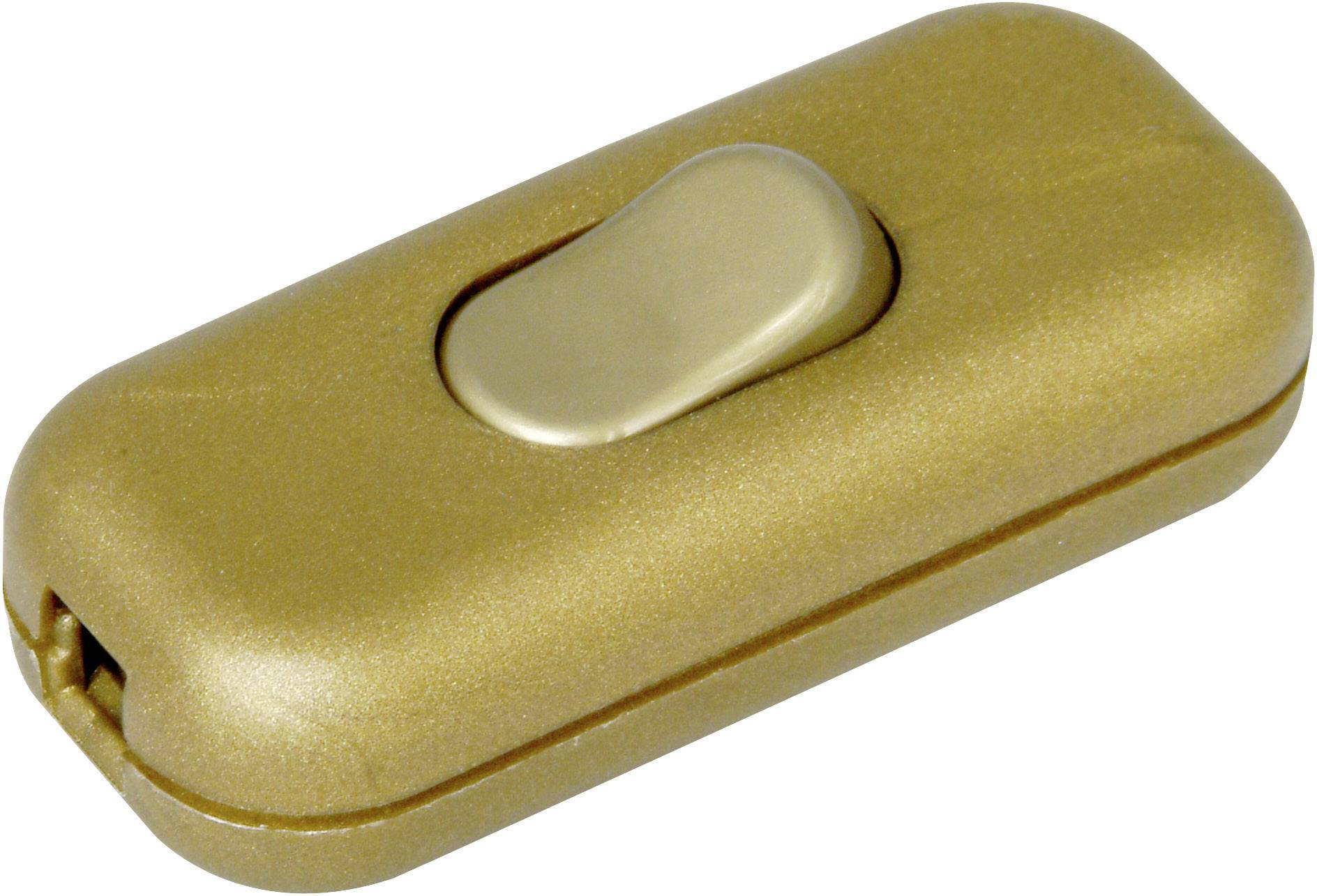 Gold-coloured plastic toggle switch. Primarily used for simple electrical devices or lamp control.