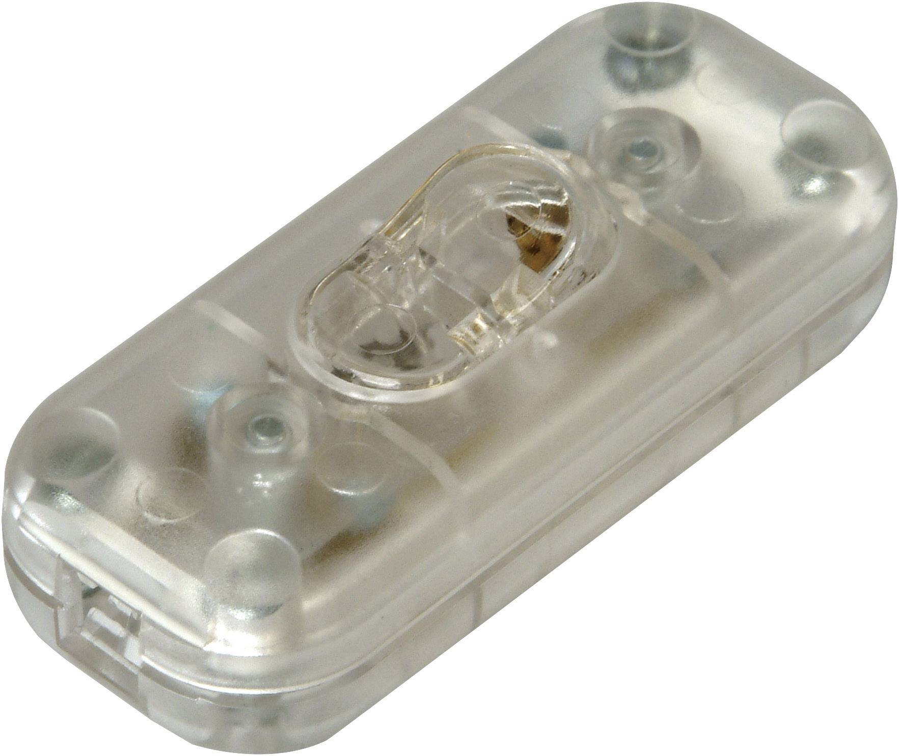 Transparent plastic toggle switch, rectangular, small, with side grip edges.